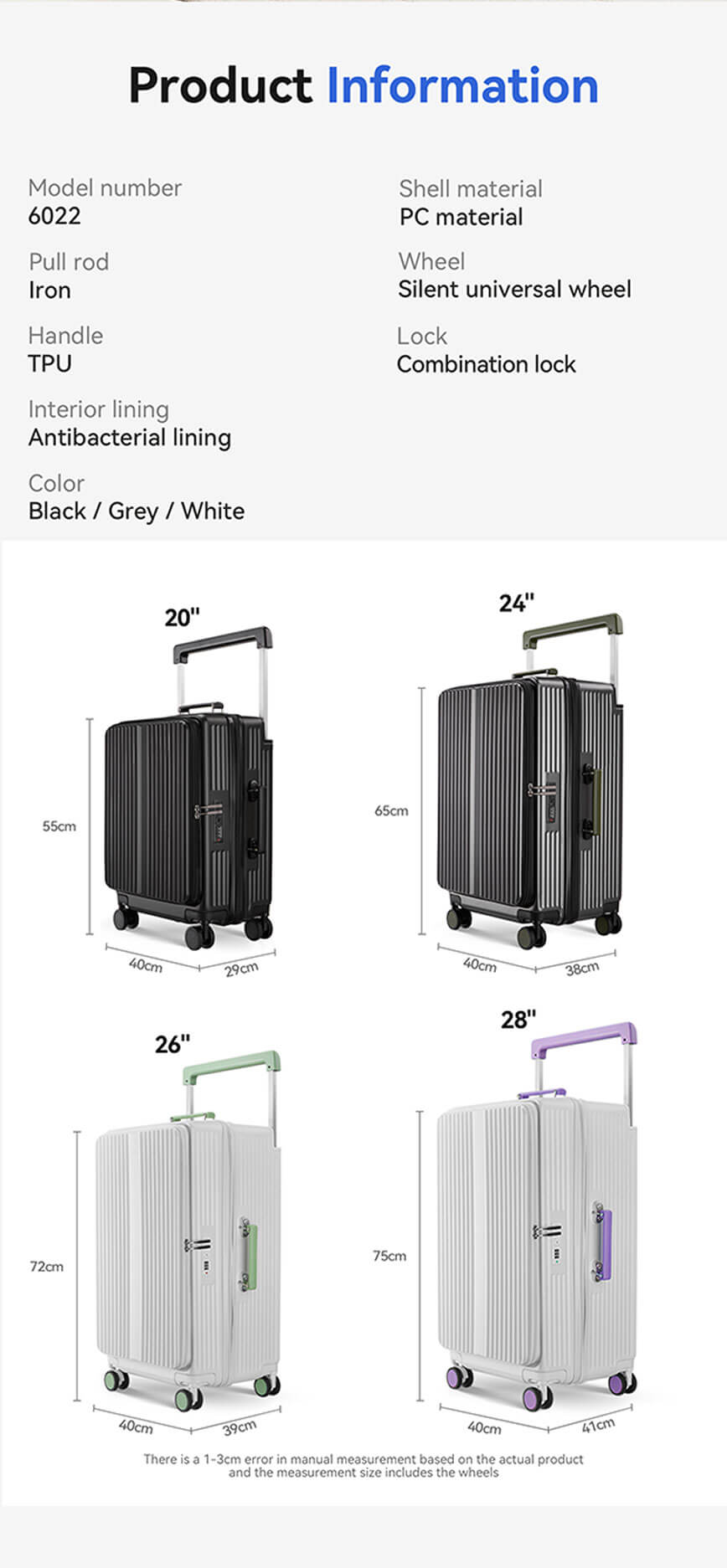durable light weight front side open suitcase luggage